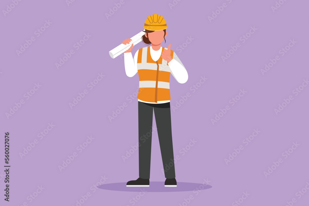 Graphic flat design drawing female architect standing holding roll of paper work with thumbs up gesture and wearing helmet carrying blueprint for building work plan. Cartoon style vector illustration Graphic flat design drawing female architect standing holding roll of paper work with thumbs up gesture and wearing helmet carrying blueprint for building work plan. Cartoon style vector illustration
