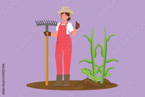 Graphic flat design drawing female farmer standing with thumbs up gesture, wearing straw hat and carrying rake to plant crops on farmland. Rural worker agricultural. Cartoon style vector illustration
