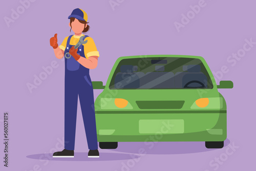 Cartoon flat style drawing female mechanic standing in front of car with thumb up gesture, holding wrench to perform maintenance on vehicle engine or transportation. Graphic design vector illustration