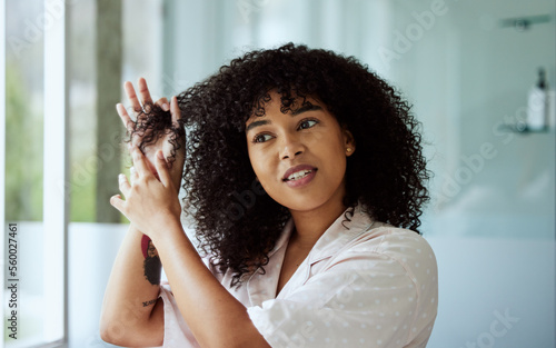 Принти на полотні Beauty, hair and afro girl bathroom routine for curly texture style and grooming in mirror