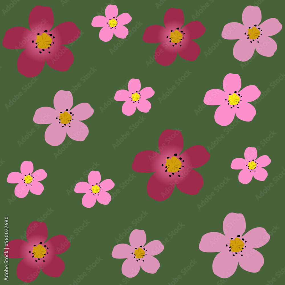Vector seamless floral pattern pink sakura (Japanese cherry) flowers on a green background
Vector seamless floral pattern pink sakura (Japanese cherry) flowers on a green background