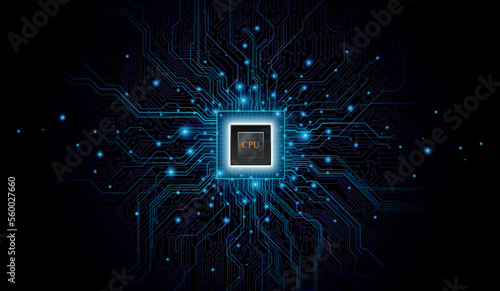 CPU Chip on Motherboard. Central Computer Processors CPU concept. Quantum computer, large data processing, database concept. Futuristic microchip processor. Digital chip.