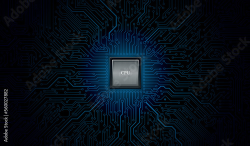 CPU Chip on Motherboard. Central Computer Processors CPU concept. Quantum computer, large data processing, database concept. Futuristic microchip processor. Digital chip.