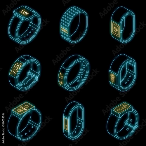 Fitness tracker icons set. Isometric set of fitness tracker vector icons neon isolated on black background