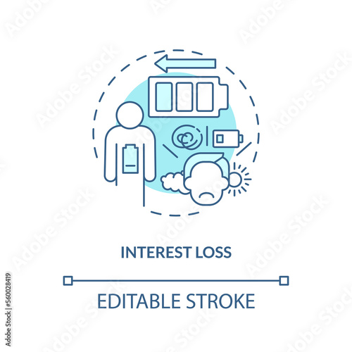 Interest loss blue concept icon. Discouraged patient. Chronic care management issue abstract idea thin line illustration. Isolated outline drawing. Editable stroke. Arial, Myriad Pro-Bold fonts used