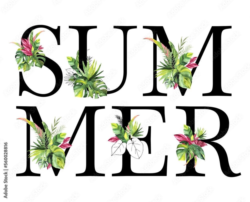 Summer word. Tropical floral summer lettering with watercolor leaves.