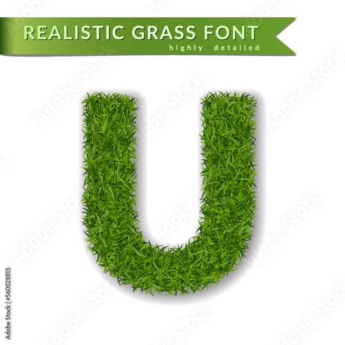Grass letter U, alphabet 3D design. Capital letter text. Green font isolated white background, shadow. Symbol eco nature, environment, save the planet. Detailed lush plant meadow Vector illustration