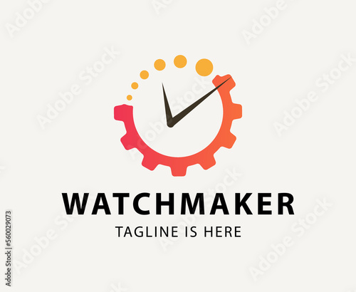 Watchmaker or clockmaker abstract logo. Watchmaking School sign. Watch restoration icon. Clock repair service.
