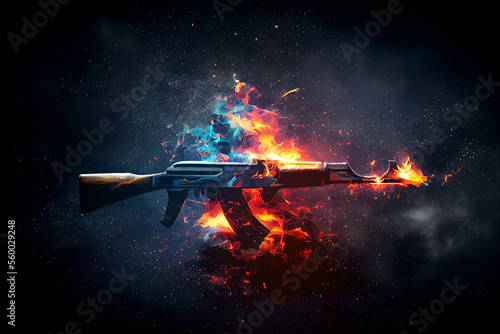 Burning AK-47 assault rifle made of fire, smoke and sparks on black background. Digitally generated AI image.