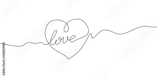 Black line draw icon heart sign and word lettering love. Continuous line drawing of love sign on white. Design for Valentine's day, wedding, invitation card background. Romantic vector illustration