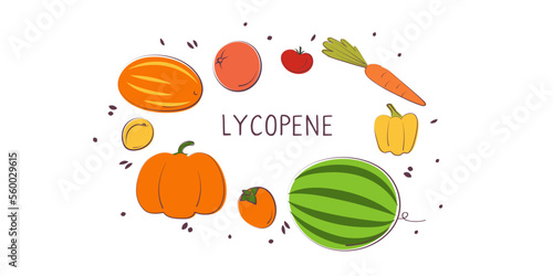 Lycopene-containing food. Groups of healthy products containing vitamins and minerals. Set of fruits, vegetables, meats, fish and dairy