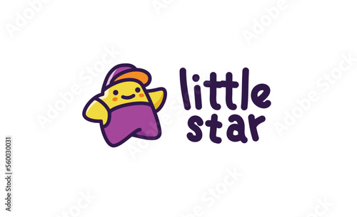 Colored Logo For Brand of Children's Clothing or Vector Logotype Children's Center. Space For Kids or Kids zone, Kindergarten. Funny Colorful Star Child Character. Filled Outline Style. With Font Part