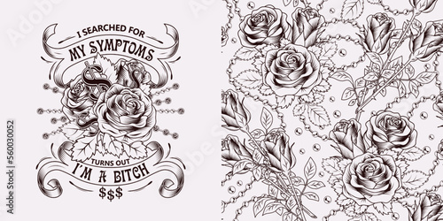 Set of pattern, emblem with text, ribbons, blooming roses, ball chains. White background. Vector monochrome vintage illustration. For T-shirt, clothing, surface design