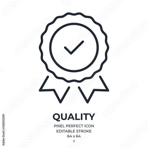 Quality badge editable stroke outline icon isolated on white background flat vector illustration. Pixel perfect. 64 x 64.
