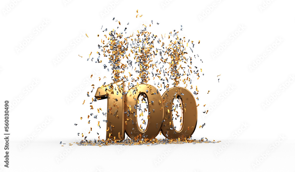Fototapeta premium numéro 100 en lettres dorées avec confettis - fond transparent - rendu 3D