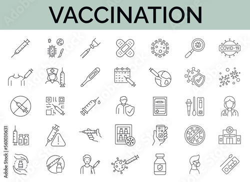 Set of 35 vaccination line icons. Editable stroke. 