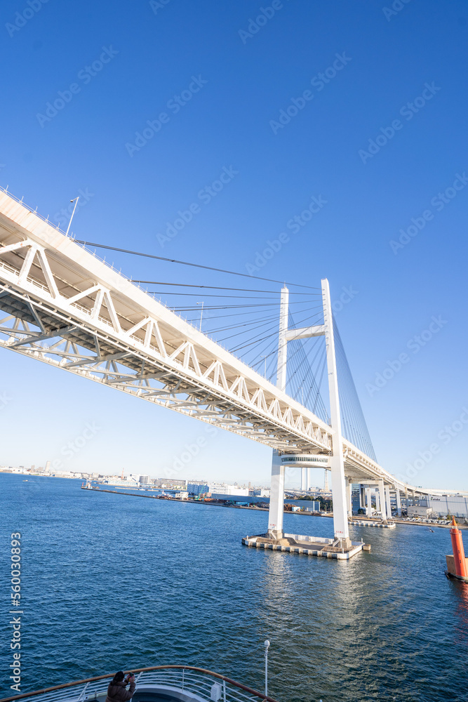 朝日を浴びる白い大きな橋