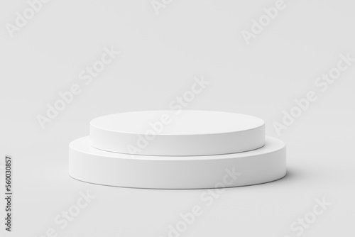 White modern round podium stage platform step on 3d background with presentation show product display studio scene or empty circle pedestal geometric cylinder and minimal blank cosmetic place stand.