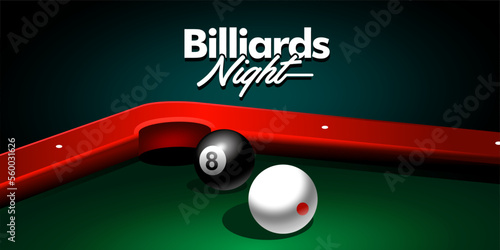 billiard green table illustration vector. realistic 3d objects snooker balls background. billiards event tournament invitation design.