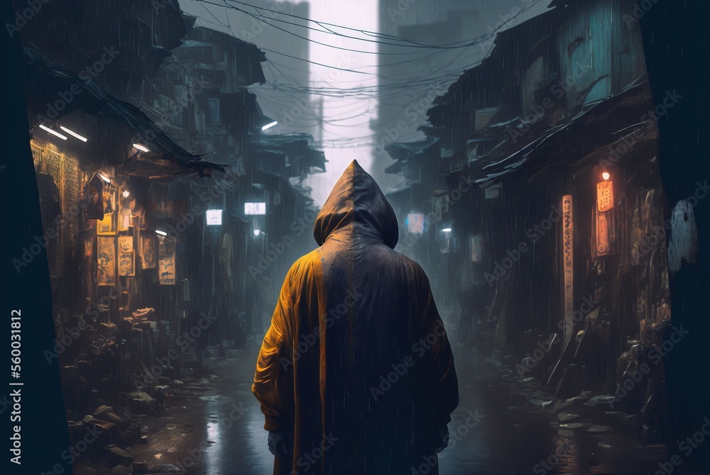 Lonely man walking slowly with hooded raincoat through foggy humid streets in poor squatters area of Manila city at dusk during tropical storm, - Generative AI illustration.
