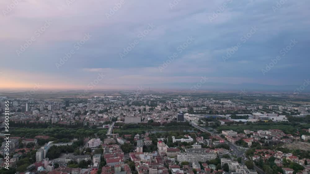 Stunning establisher aerial drone shot of city of Plovdiv, flying above rooftops Stunning establisher aerial drone shot of city of Plovdiv, flying above rooftops