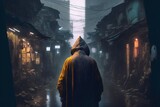 Lonely man walking slowly with hooded raincoat through foggy humid streets in poor squatters area of Manila city at dusk during tropical storm, - Generative AI illustration.