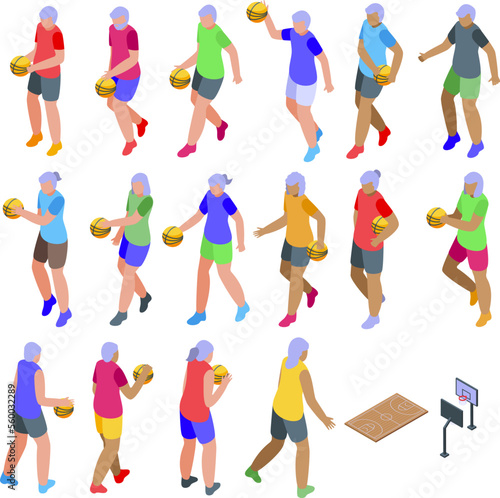 Older people play basketball icons set isometric vector. Old man sport. Healthy activity