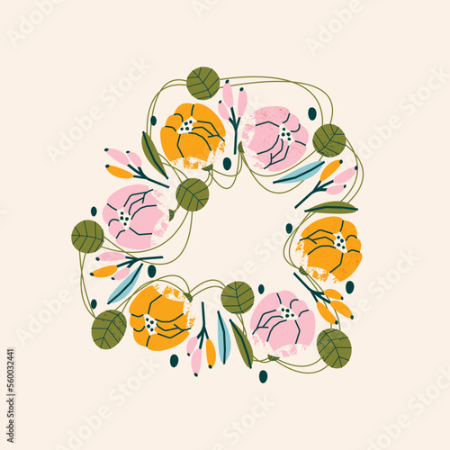 Cute botanical floral wreath illustration. Vector card, print, design