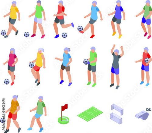 Elderly people play soccer icons set isometric vector. Soccer sport. Old play