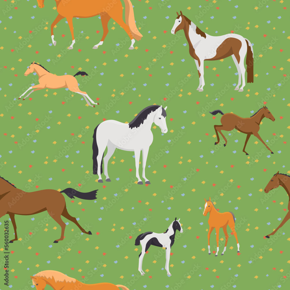 Mares with foals walking in a meadow, vector pattern