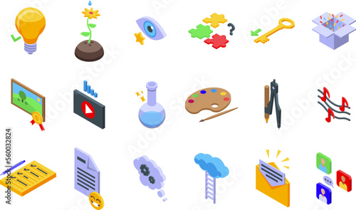 Creative thinking icons set isometric vector. Logical head. Idea solution
