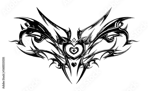Succubus womb tattoo. Demon heart sigil, 3D chrome metal in triball style. Vector tattoos