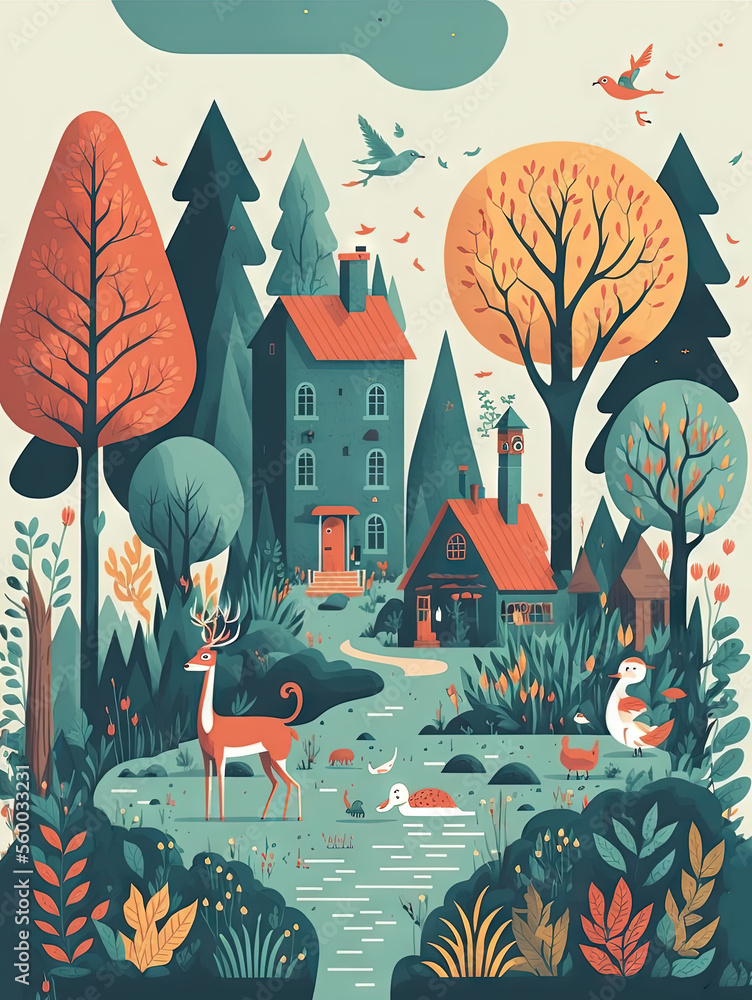 Nature, village, country. Deer. Vector illustration of natural, urban and rustic background for poster, banner, card, brochure or cover.