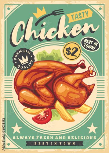 Grilled chicken meat with french fries and tomato salad promo poster design. Food vector illustration with whole roasted chicken or turkey. Retro restaurant menu advertisement.