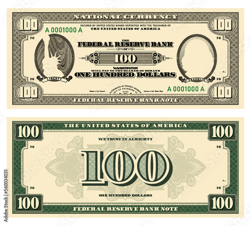 Vector new 100 dollars banknote. Obverse and reverse of US paper money in retro style with ovals. Ribbons with inscriptions, Liberty and Franklin.