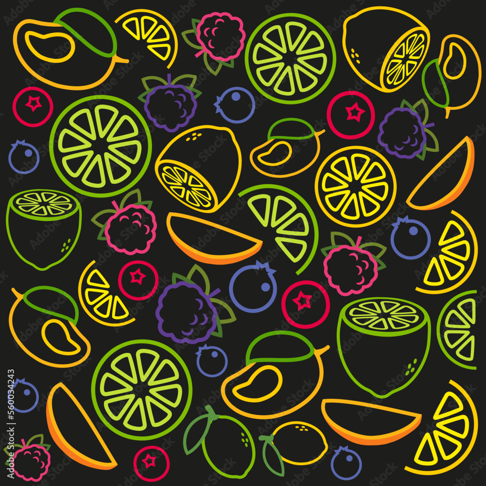 Vector graphics. Different colors. Background with fruit. Patterns for your idea. Colorful.