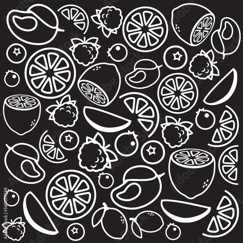Vector graphics. Black and white. Background with fruit. Patterns for your idea. Simply.