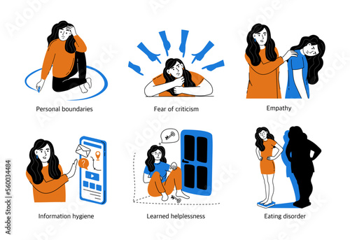 Set of concepts of mental health and psychology. Psychological disorders, various positive, negative states of people. Vector illustration isolated on a white background.