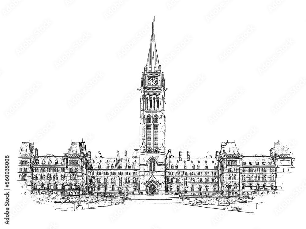 Built in the Gothic Revival style, Center Block is the main building of the Canadian Parliament complex on Parliament Hill, in Ottawa, Ontario, ink sketch illustration