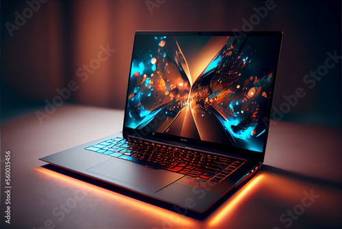 Modern looking laptop with a generic image on the screen. AI-Assisted Image.