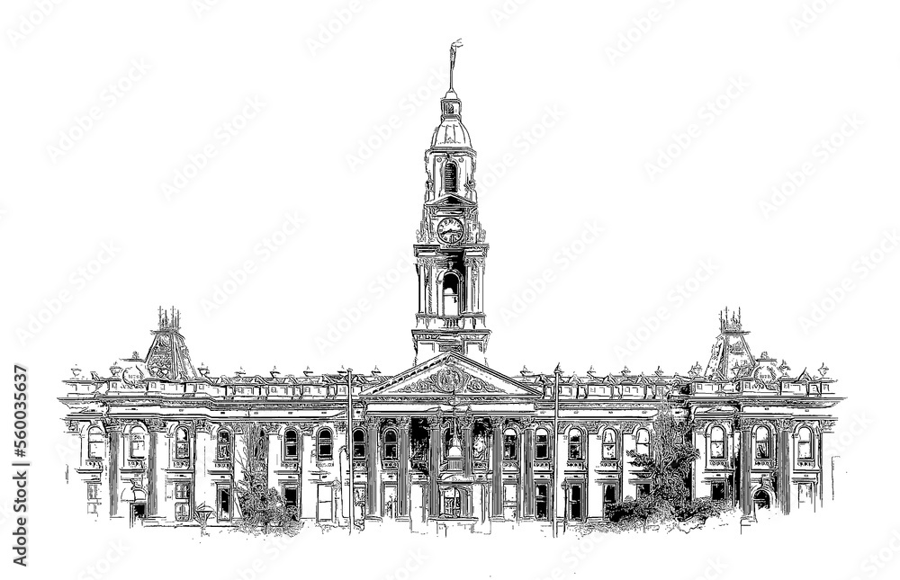 South Melbourne Town Hall, Victoria, Australia, ink sketch illustration.