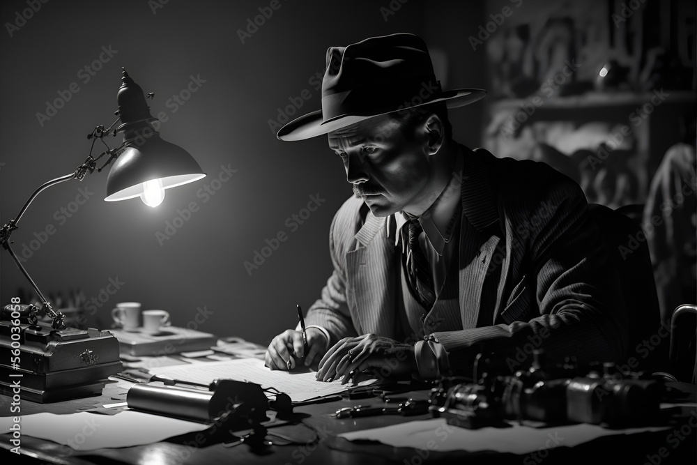 Vintage-inspired film-noir style image of a private detective working on a  case at his desk in a dimly-lit office - Midjourney Stock Illustration