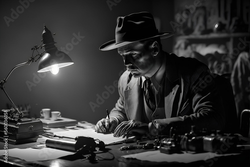 Vintage-inspired film-noir style image of a private detective working on a case at his desk in a dimly-lit office - Midjourney