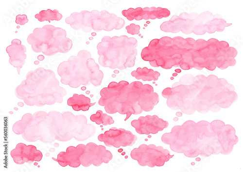 ピンクのふわふわとした雲型の吹き出し水彩素材