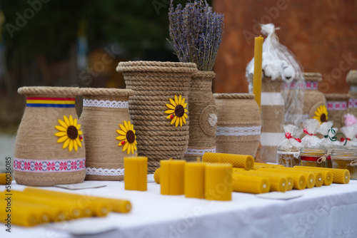 beeswax candles. handmade bee honeycomb candles. detail.