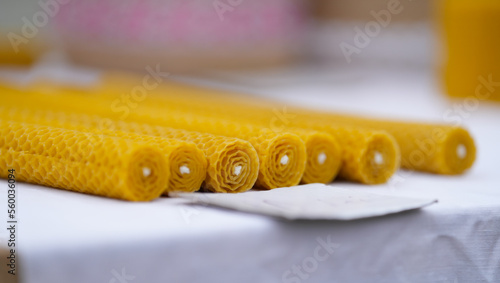 beeswax candles. handmade bee honeycomb candles. detail.