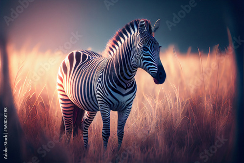 Zebra in natural grassland, surrounded by long grass. AI-Assisted Image. © HUXL3Y