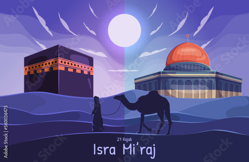 Al-Isra wal Mi'raj Translate: The Night Journey Prophet Muhammad Vector Illustration for Poster Template and Flyer, Simple Background of Isra Mi'raj Ceremony