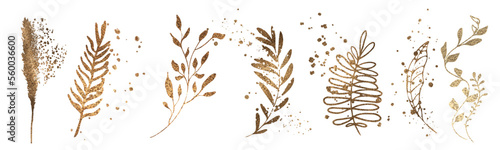 Vector plants and grasses in gold style with gloss effects and and gold paint splatters. Minimalist style of hand drawn plants. With leaves and organic shapes.