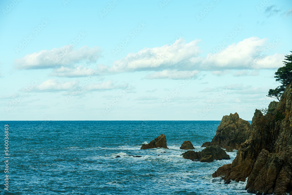 冬の晴れた日の日本海と岩場